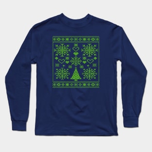 Christmas Lover Cross Pattern Sampler Artistic Design Green Long Sleeve T-Shirt